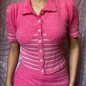 House of Sunny pink fuzzy polo sweater cardigan 10